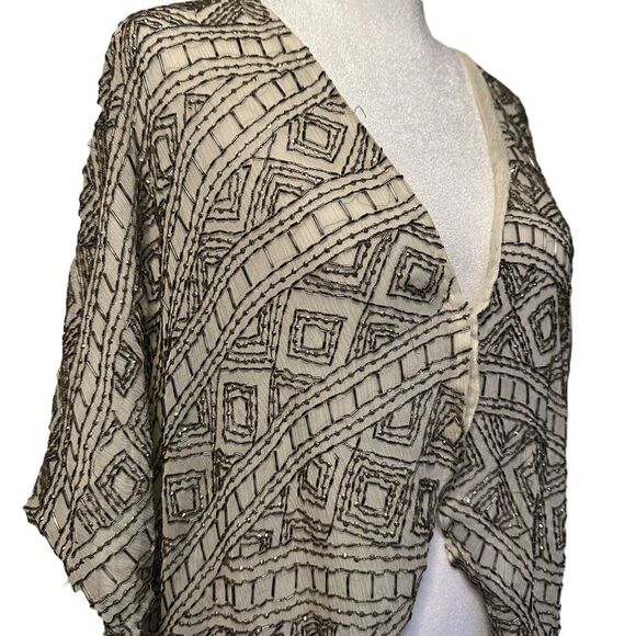 Alice + Olivia Beaded Shawl Kimono Shrug Size M Silk Champagne Evening Black Tie - Picture 5 of 11
